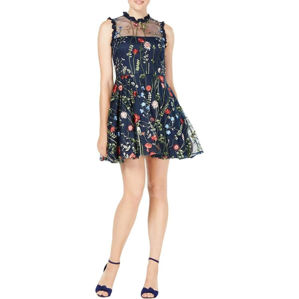City Studio Size 1 Juniors Navy Womens Floral Overlay Short Fit & Flare Dress